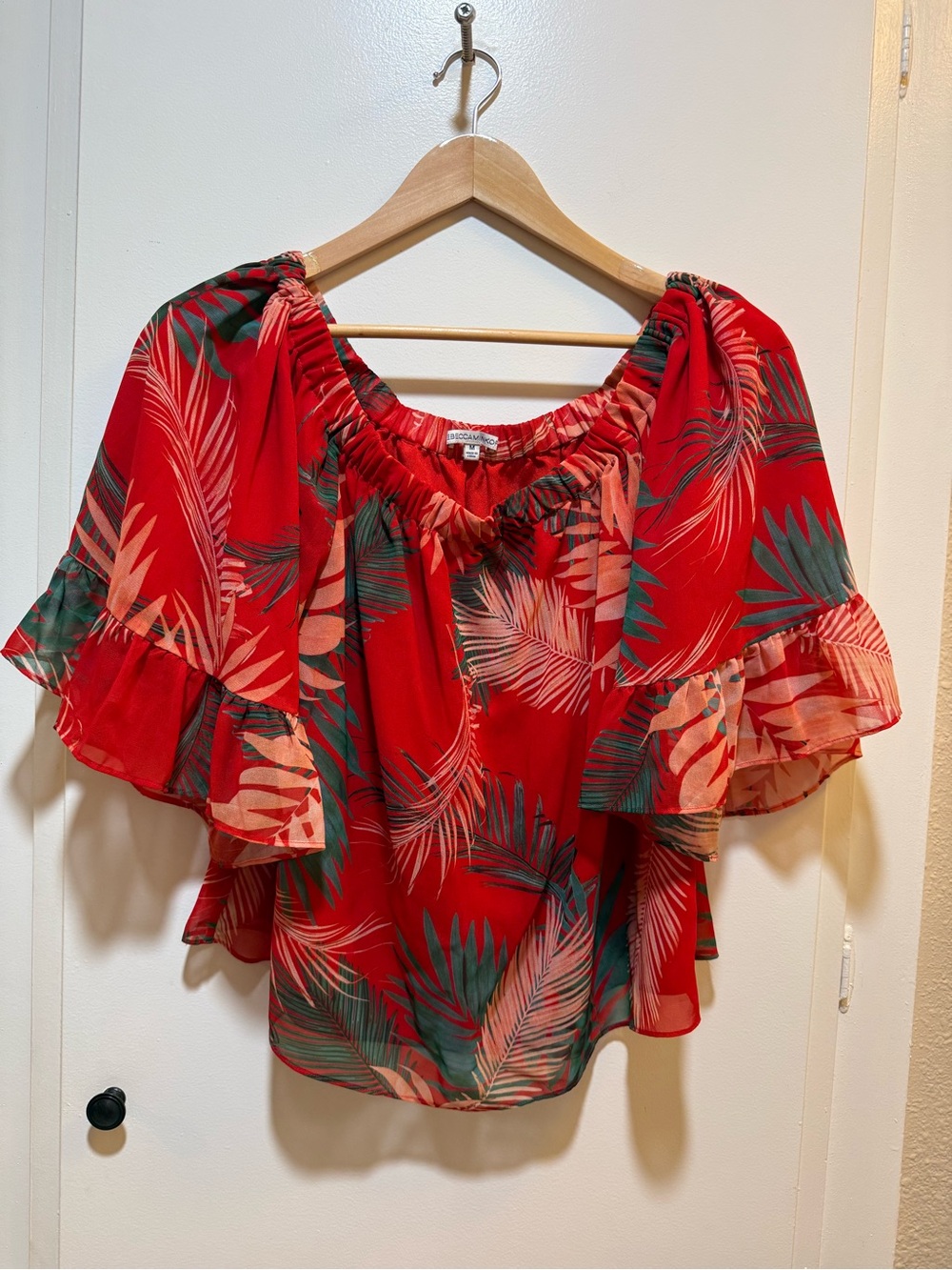 Rebecca Minkoff Red Tropical Print Off-Shoulder Blouse